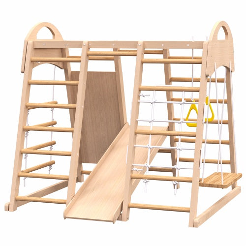 Indoor Playground 7-in-1 Jungle Gym Playset For Kids 2-6yrs - Slide, Climbing Wall, Rope Wall Climber, Monkey Bars, Swing - Waldorf And Montessori Style Wooden Climb Set.