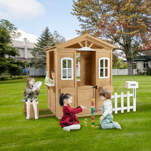 Wooden Playhouse For Kids Outdoor With Working Door, Windows, Mailbox, Bench, Flowers Pot Holder, 39X 38 X 55.5