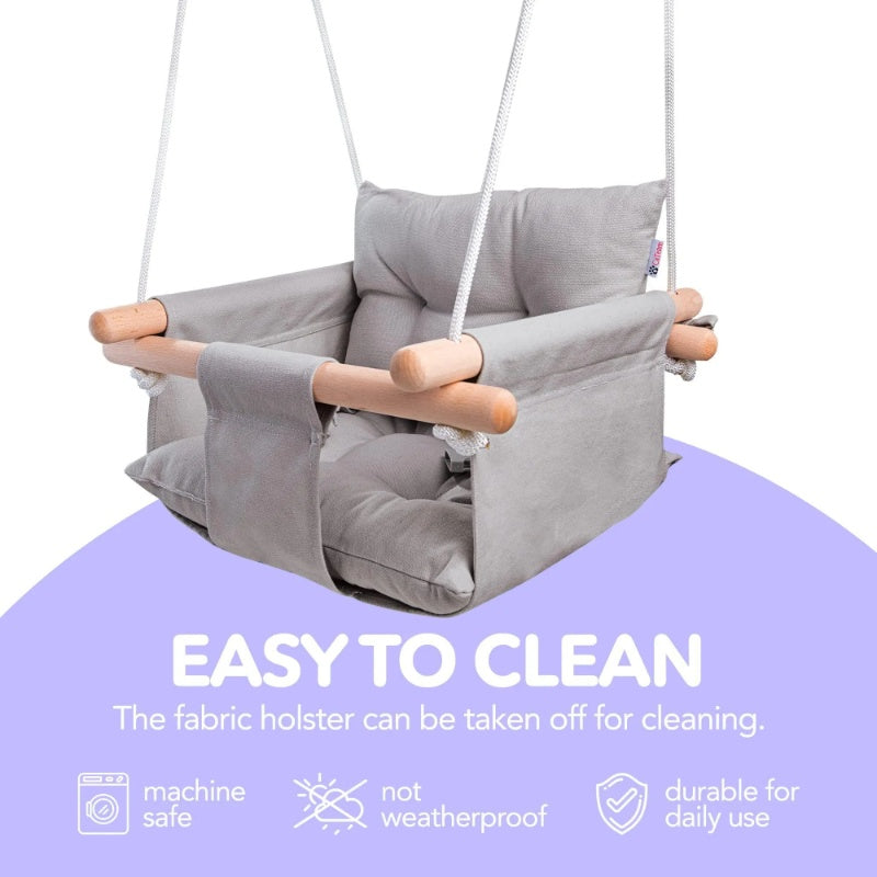 Canvas Baby Swing Wooden Hanging Swing Seat Chair With Safety Belt Durable Baby Swing Chair Outdoor And Indoor Swing For Kids Mounting Hardware Included Taupe Gray