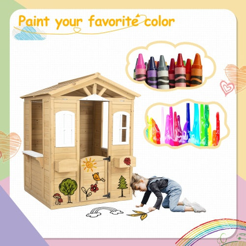 Wooden Playhouse For Kids Outdoor With Working Door, Windows, Mailbox, Bench, Flowers Pot Holder, 39X 38 X 55.5