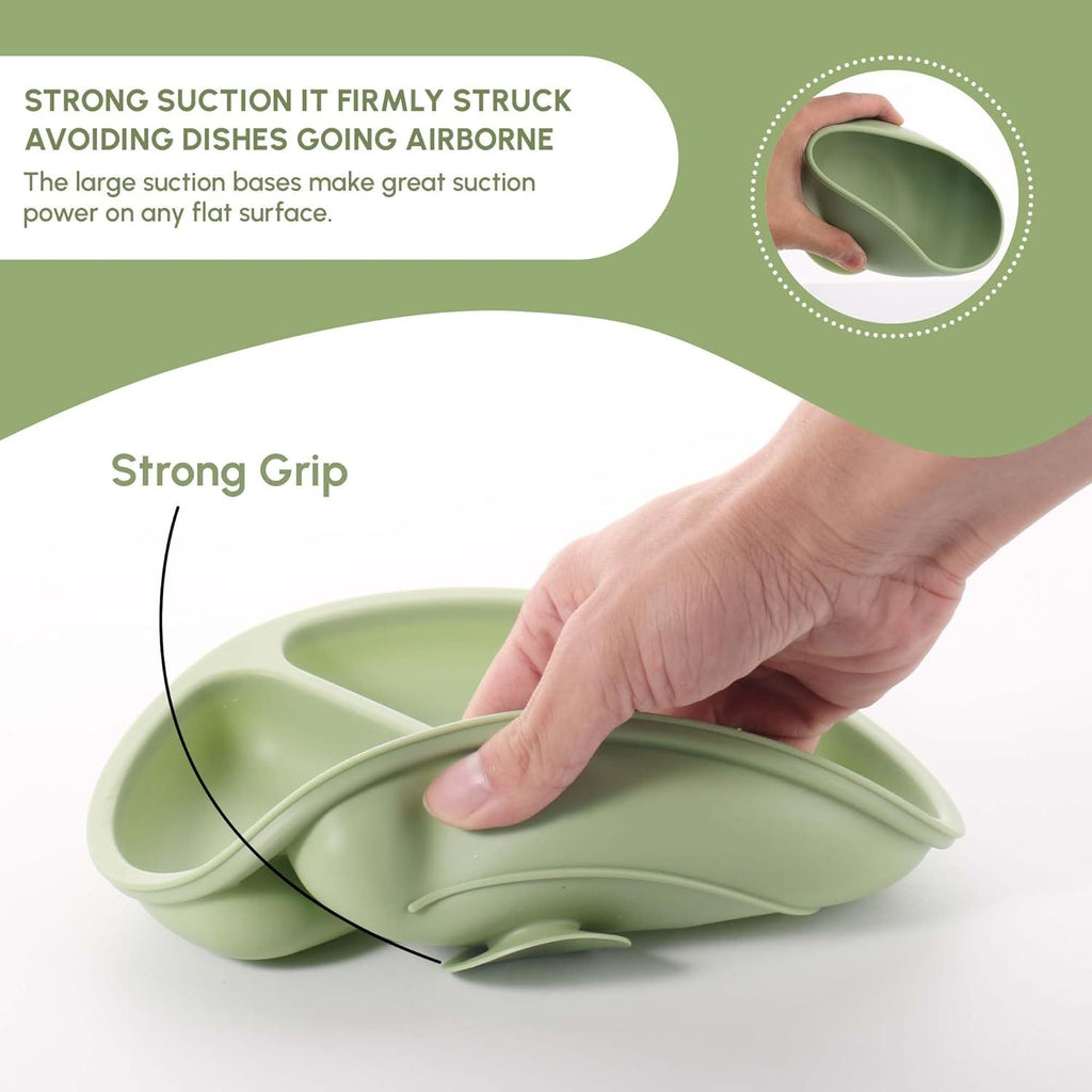 SiIicone Baby Feeding Set With Suction, 10 Pcs Baby Led Weaning Supplies With Suction Bowl Divided Plate Adjustable Soft Bib Spoon Fork Snack Cup With Lid And Other Utensils, Green