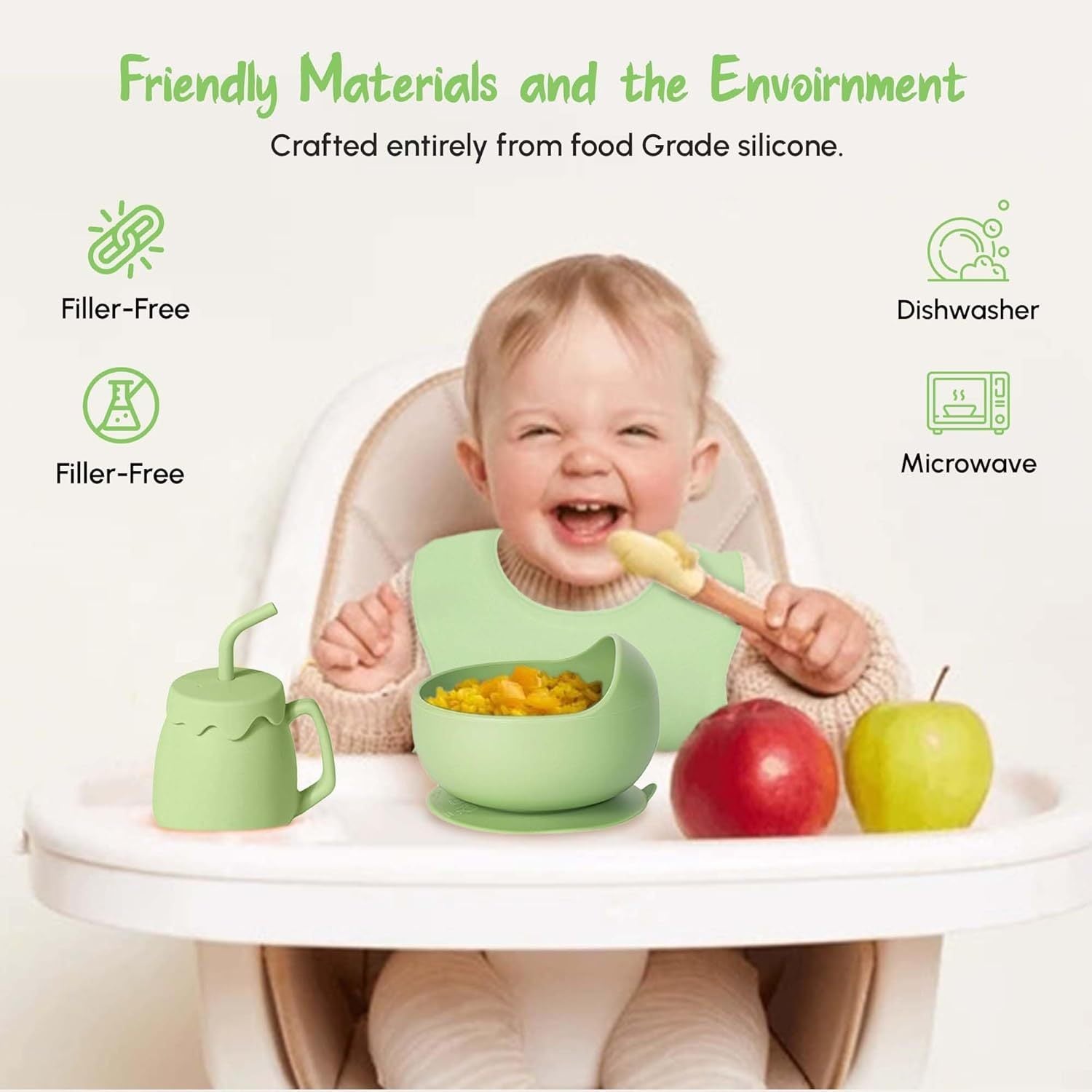 SiIicone Baby Feeding Set With Suction, 10 Pcs Baby Led Weaning Supplies With Suction Bowl Divided Plate Adjustable Soft Bib Spoon Fork Snack Cup With Lid And Other Utensils, Green