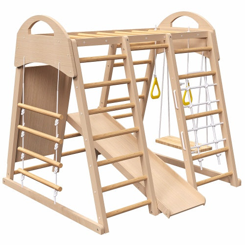 Indoor Playground 7-in-1 Jungle Gym Playset For Kids 2-6yrs - Slide, Climbing Wall, Rope Wall Climber, Monkey Bars, Swing - Waldorf And Montessori Style Wooden Climb Set.