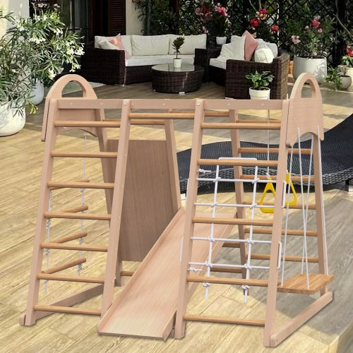 Indoor Playground 7-in-1 Jungle Gym Playset For Kids 2-6yrs - Slide, Climbing Wall, Rope Wall Climber, Monkey Bars, Swing - Waldorf And Montessori Style Wooden Climb Set.