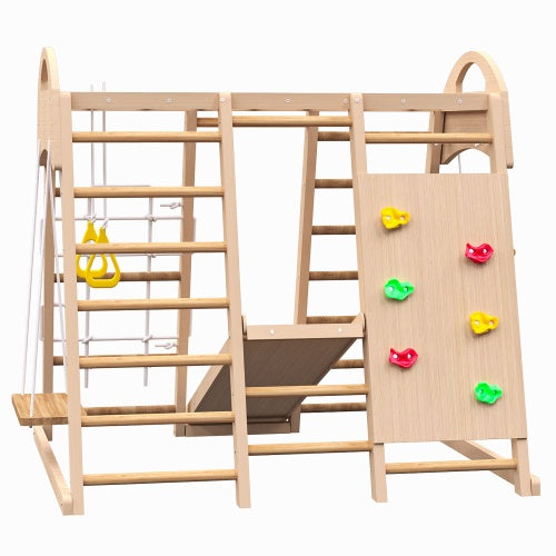 Indoor Playground 7-in-1 Jungle Gym Playset For Kids 2-6yrs - Slide, Climbing Wall, Rope Wall Climber, Monkey Bars, Swing - Waldorf And Montessori Style Wooden Climb Set.