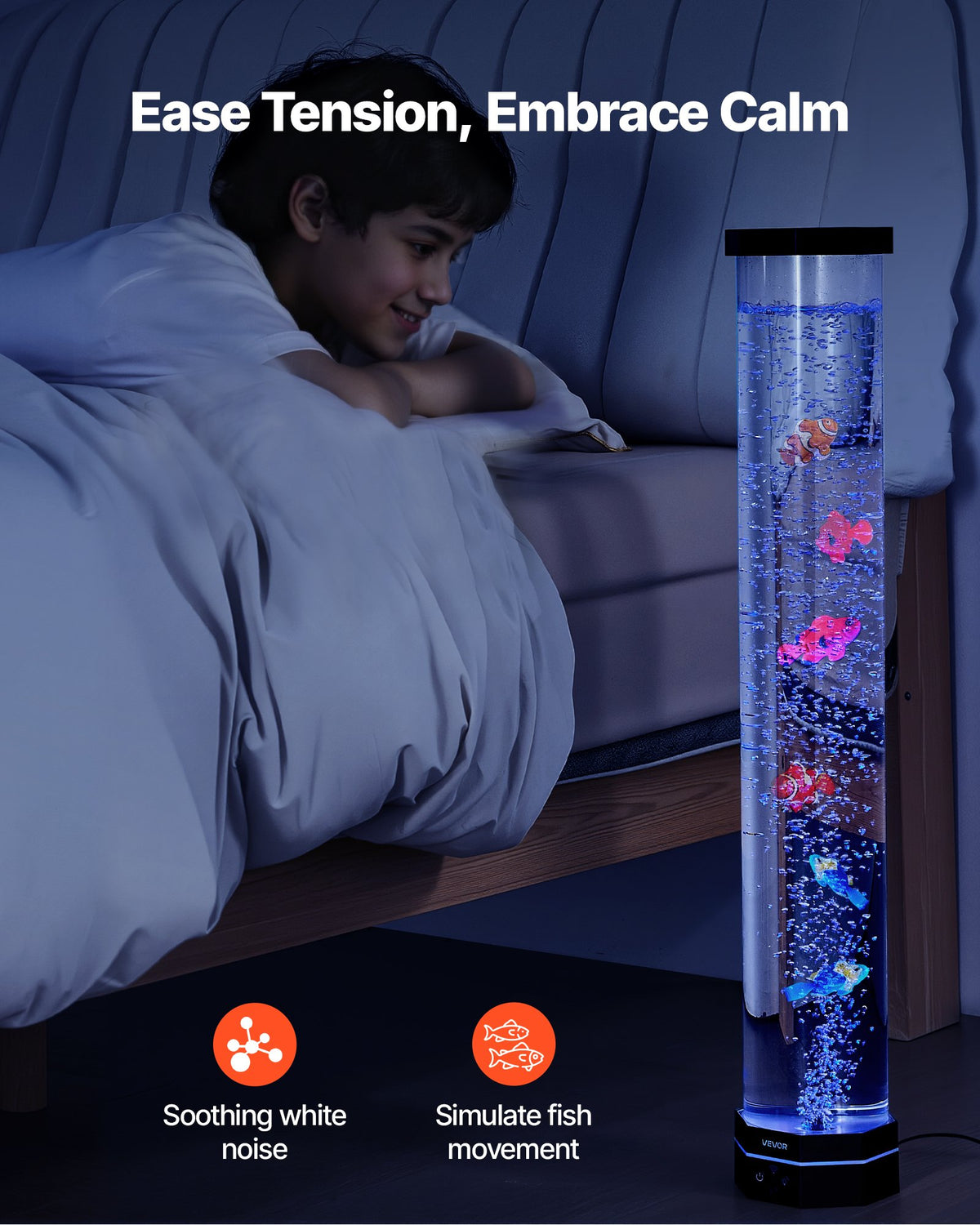 Sensory bubble tube lamp with floating fish and color-changing light — view 3