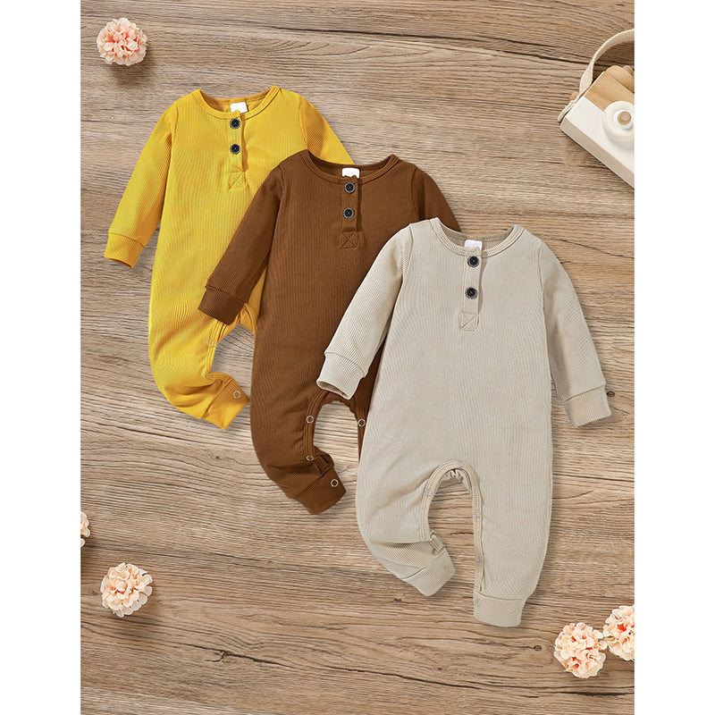 3-Pack Newborns Infants Baby Boys & Girls Long Sleeve Ribbed Romper Soft Button Front Jumpsuit
