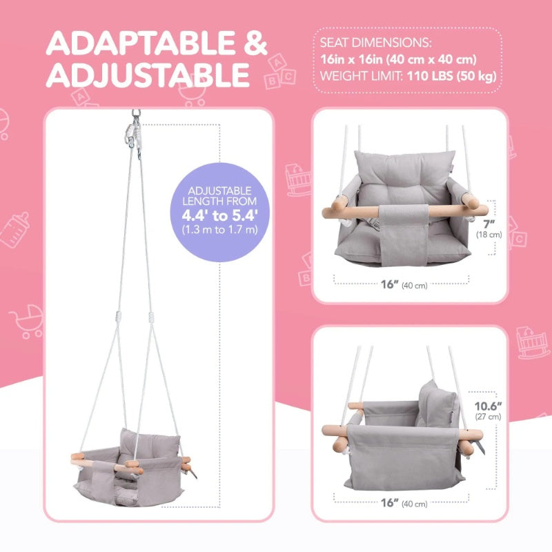 Canvas Baby Swing Wooden Hanging Swing Seat Chair With Safety Belt Durable Baby Swing Chair Outdoor And Indoor Swing For Kids Mounting Hardware Included Taupe Gray