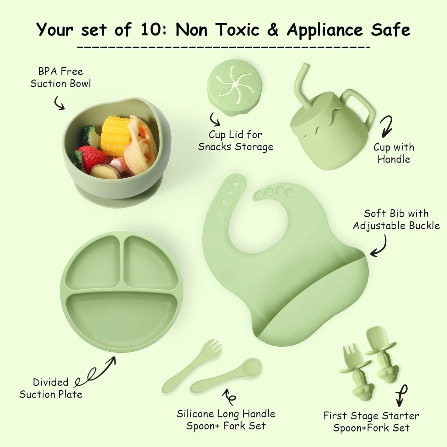SiIicone Baby Feeding Set With Suction, 10 Pcs Baby Led Weaning Supplies With Suction Bowl Divided Plate Adjustable Soft Bib Spoon Fork Snack Cup With Lid And Other Utensils, Green