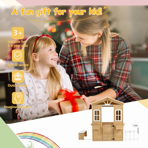 Wooden Playhouse For Kids Outdoor With Working Door, Windows, Mailbox, Bench, Flowers Pot Holder, 39X 38 X 55.5