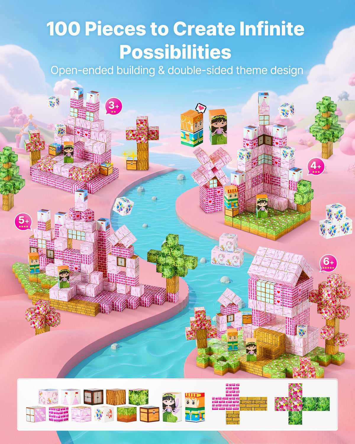 Pink Princess Castle magnetic cube building blocks set, 100 pieces – photo 4