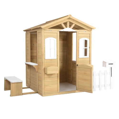 Wooden Playhouse For Kids Outdoor With Working Door, Windows, Mailbox, Bench, Flowers Pot Holder, 39X 38 X 55.5