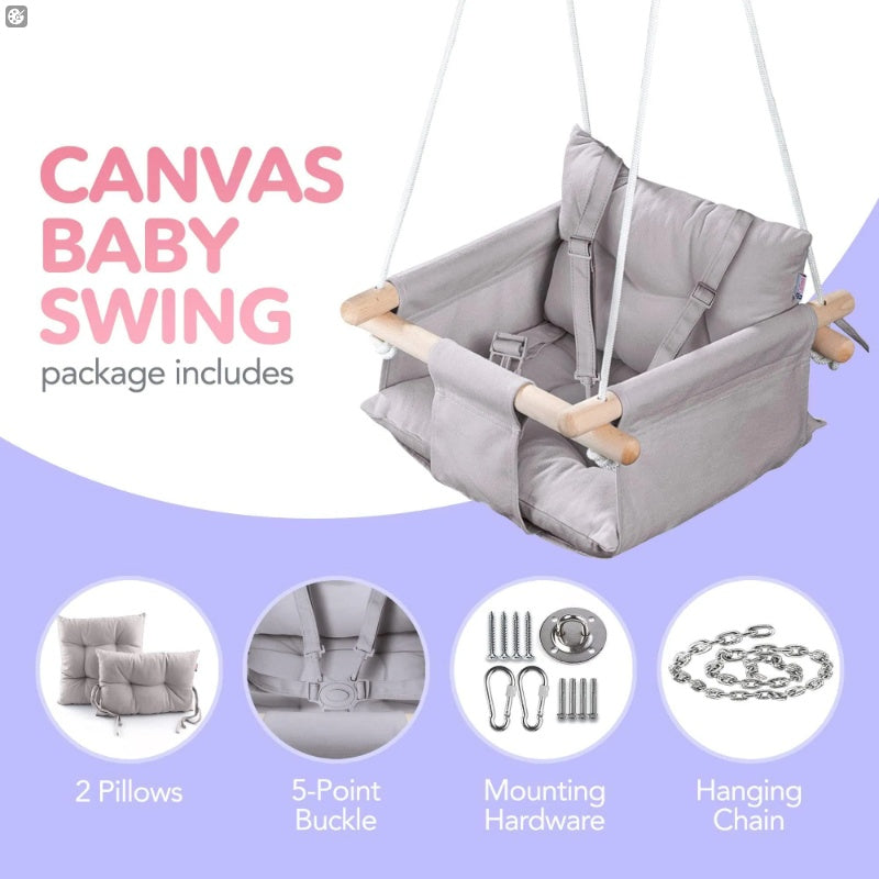 Canvas Baby Swing Wooden Hanging Swing Seat Chair With Safety Belt Durable Baby Swing Chair Outdoor And Indoor Swing For Kids Mounting Hardware Included Taupe Gray