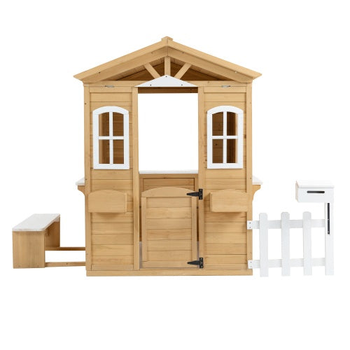 Wooden Playhouse For Kids Outdoor With Working Door, Windows, Mailbox, Bench, Flowers Pot Holder, 39X 38 X 55.5