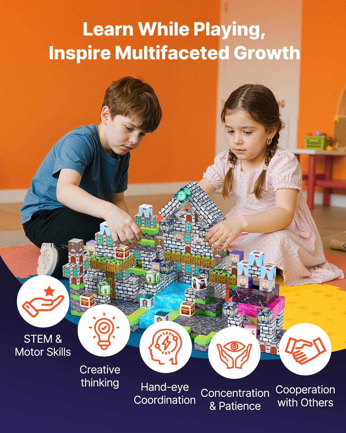 Dual-Sided Castle magnetic cube building blocks set, 100 pieces – photo 3
