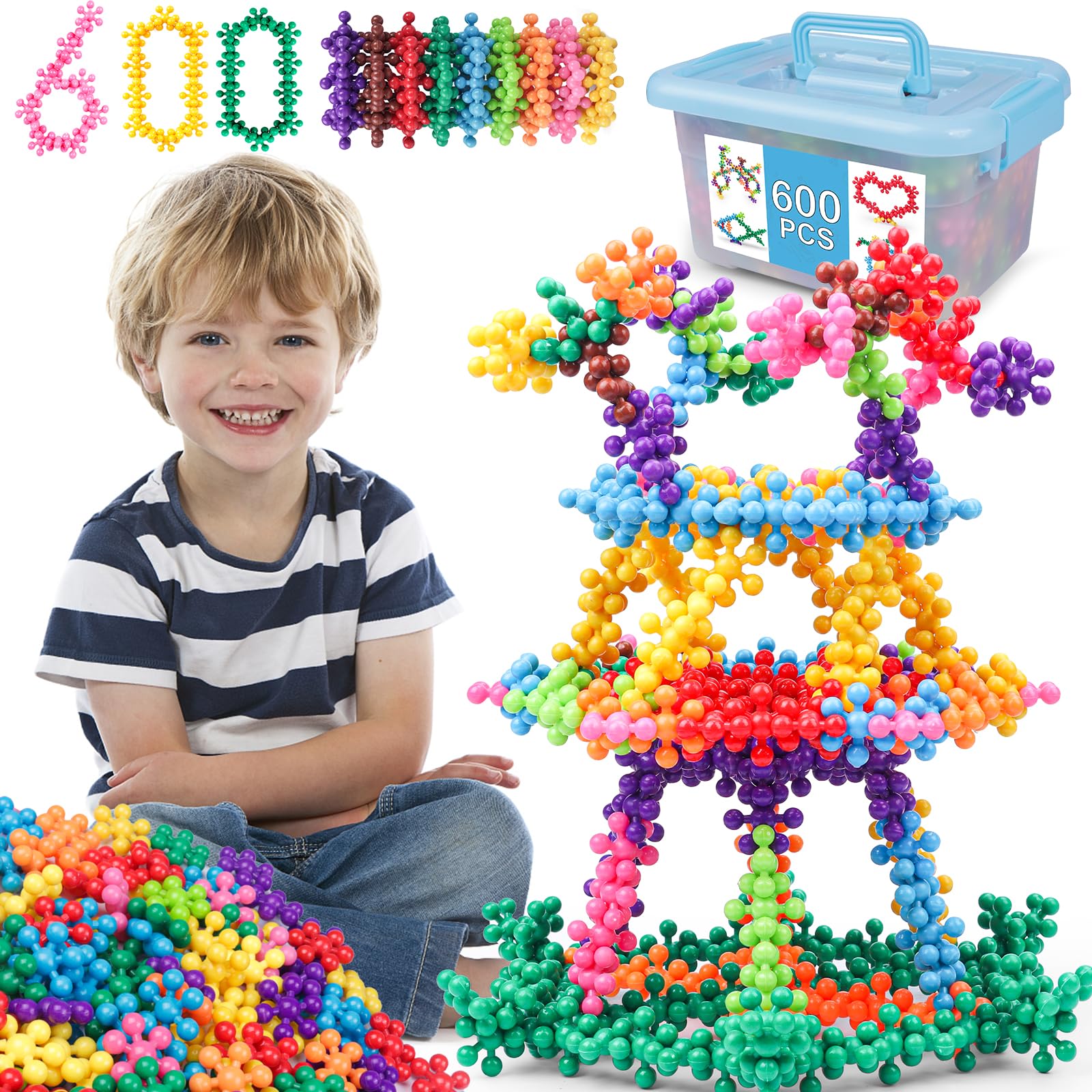NEOACT 600 PCS Building Blocks Connect ToysInterlocking Solid Plastic Educational Toys Sets for Preschool Kids Boys and Girls Aged 3+ Promote Fine Motor Skills and Sensory Development.