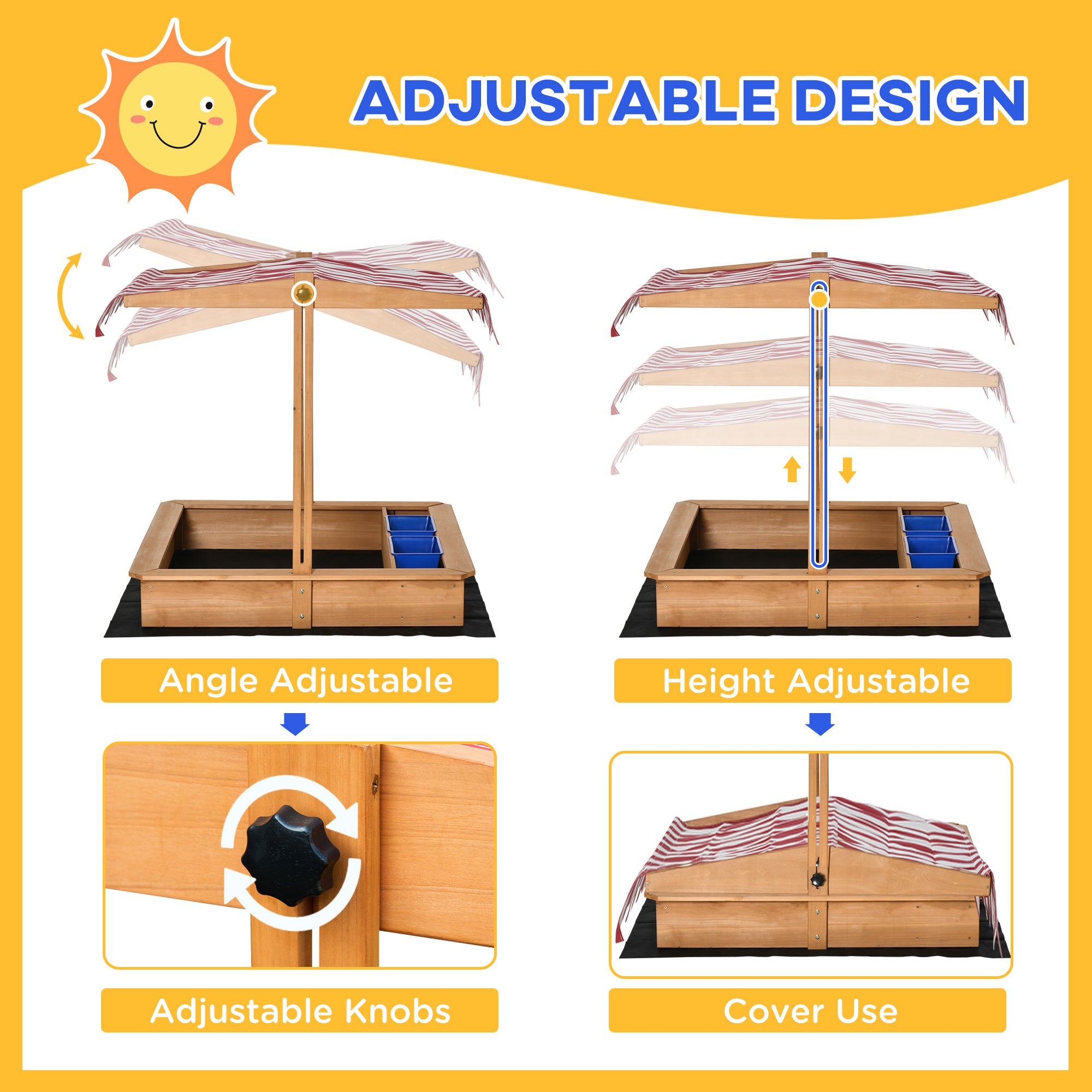 Kids Wooden Sandbox with Adjustable Height Cover and Toy Bin Storage, Children Sand Play Station Outdoor,Bottom Liner, for Backyard, Ages 3-7