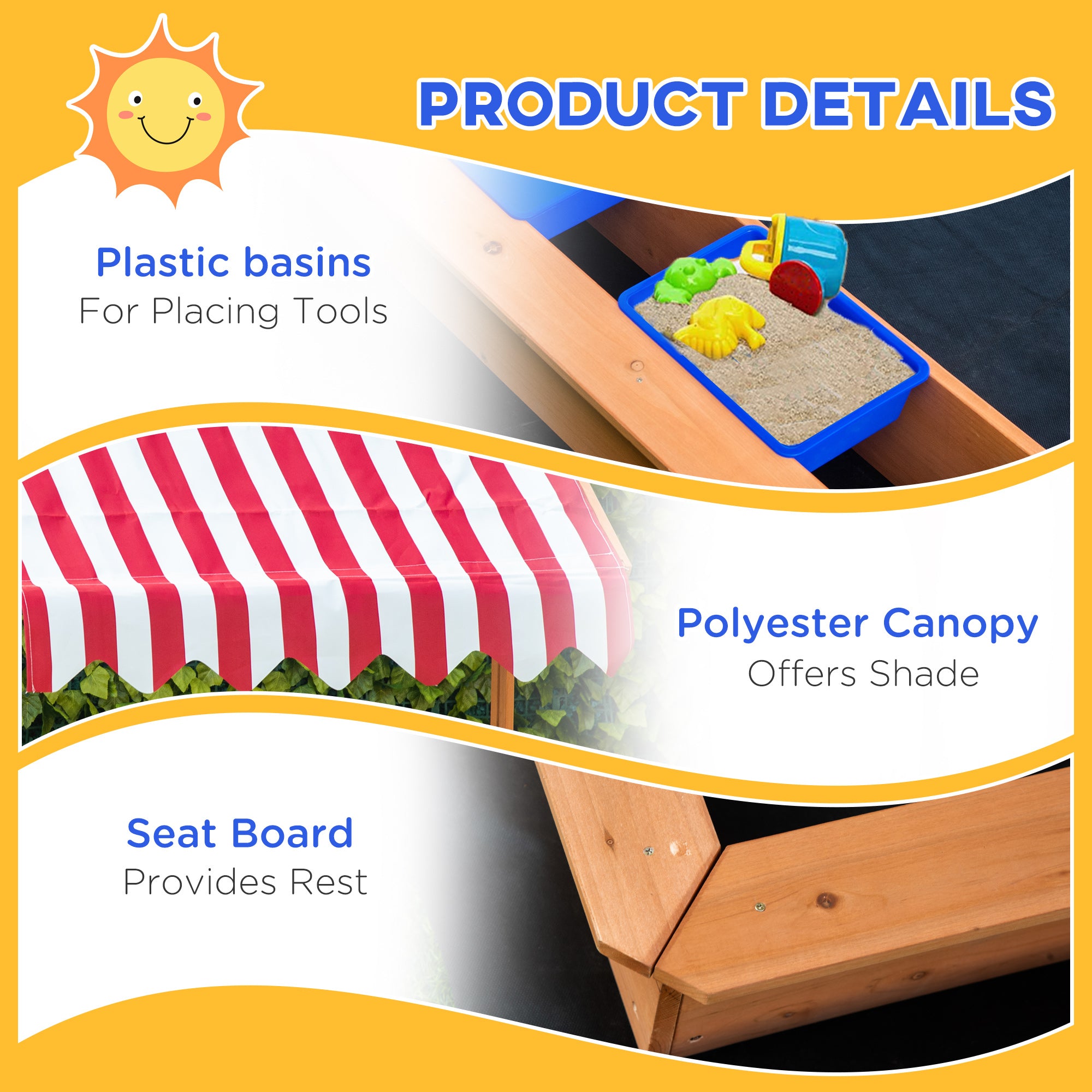 Kids Wooden Sandbox with Adjustable Height Cover and Toy Bin Storage, Children Sand Play Station Outdoor,Bottom Liner, for Backyard, Ages 3-7
