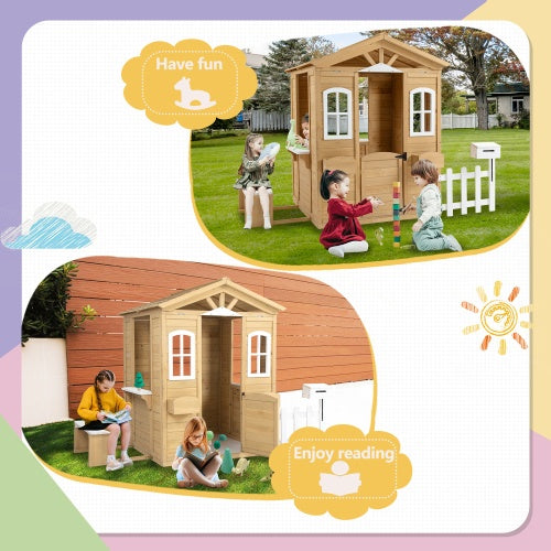 Wooden Playhouse For Kids Outdoor With Working Door, Windows, Mailbox, Bench, Flowers Pot Holder, 39X 38 X 55.5