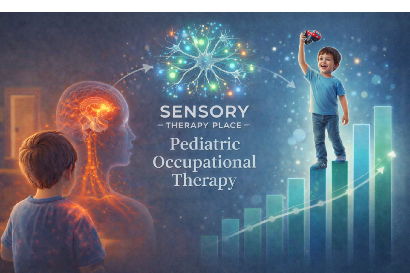 Advertisement for Sensory Therapy Place with children and brain imagery on a dark background