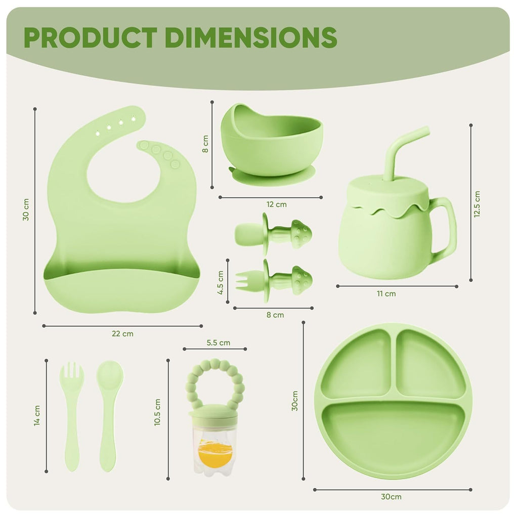 SiIicone Baby Feeding Set With Suction, 10 Pcs Baby Led Weaning Supplies With Suction Bowl Divided Plate Adjustable Soft Bib Spoon Fork Snack Cup With Lid And Other Utensils, Green