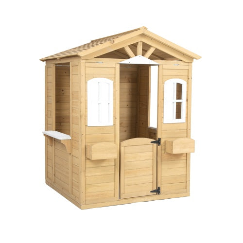 Wooden Playhouse For Kids Outdoor With Working Door, Windows, Mailbox, Bench, Flowers Pot Holder, 39X 38 X 55.5