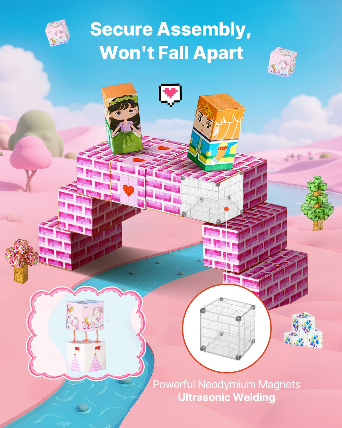 Pink Princess Castle magnetic cube building blocks set, 100 pieces – photo 5