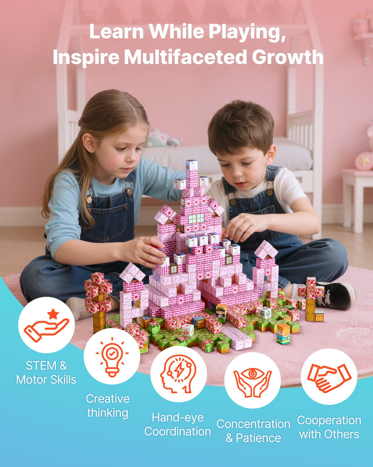 Pink Princess Castle magnetic cube building blocks set, 100 pieces – photo 3