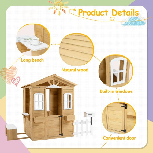 Wooden Playhouse For Kids Outdoor With Working Door, Windows, Mailbox, Bench, Flowers Pot Holder, 39X 38 X 55.5