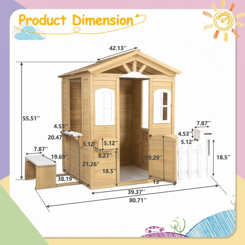 Wooden Playhouse For Kids Outdoor With Working Door, Windows, Mailbox, Bench, Flowers Pot Holder, 39X 38 X 55.5